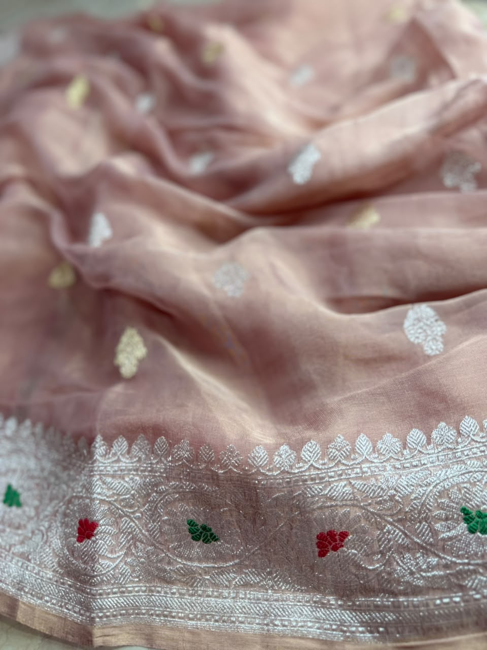 Peach Small Butta Pure Tissue Chiffon Saree 107