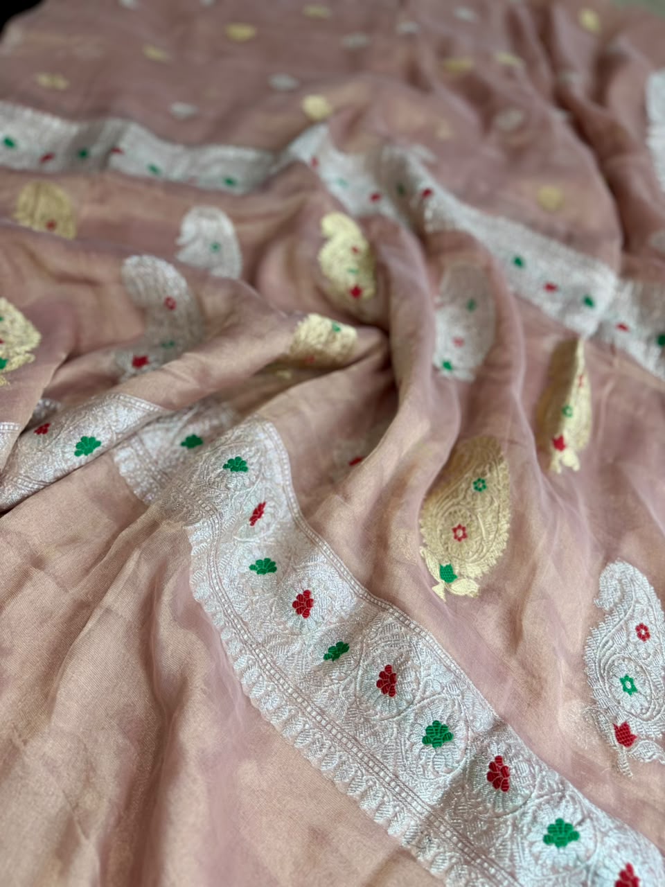 Peach Small Butta Pure Tissue Chiffon Saree 107