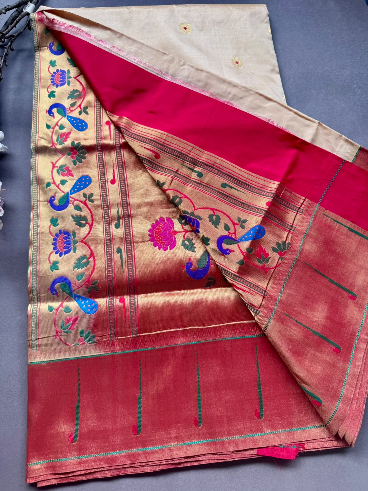 Cream Small Butta Pure Paithani Silk Saree 108