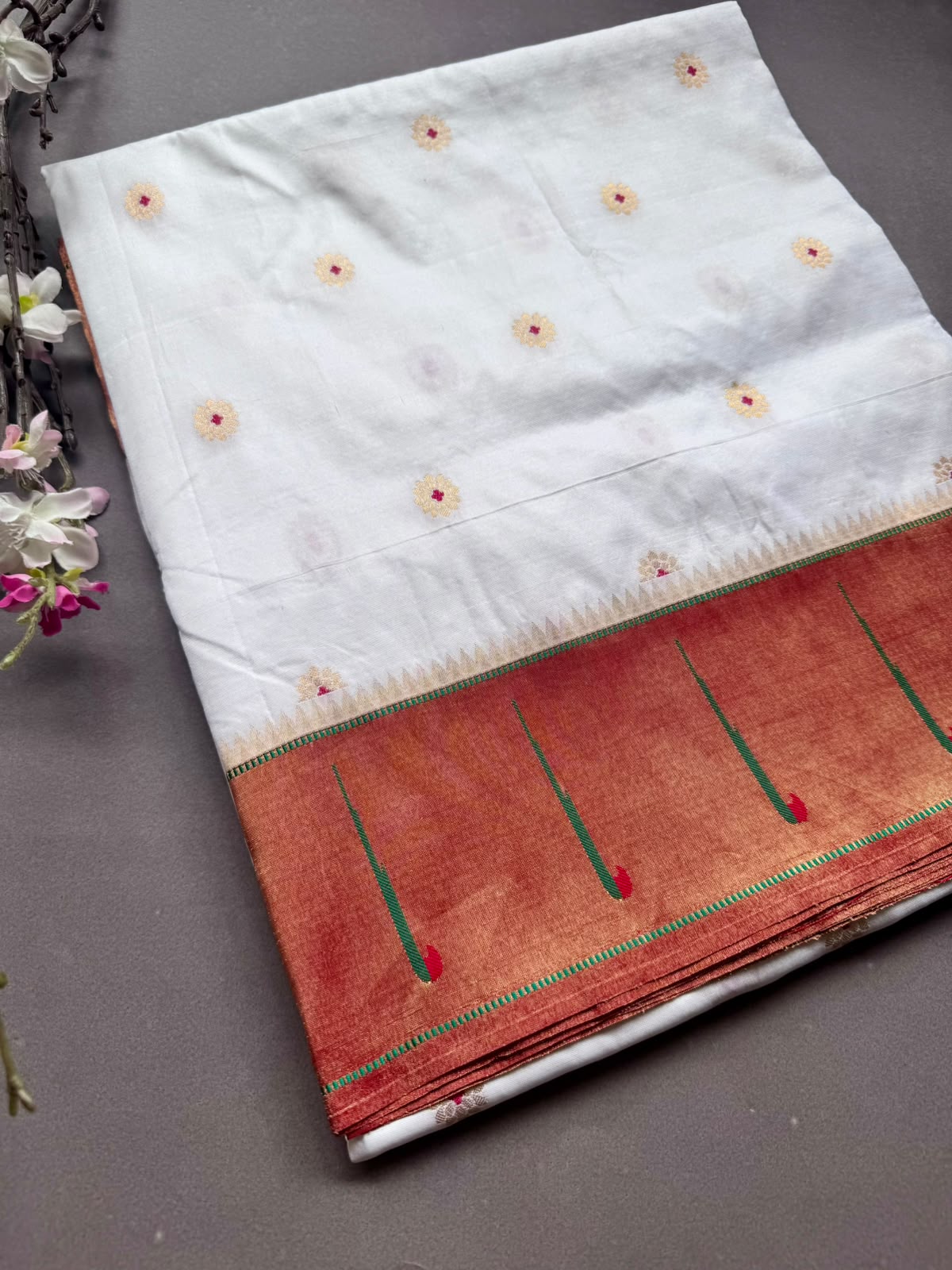 White Small Butta Pure Paithani Silk Saree 108