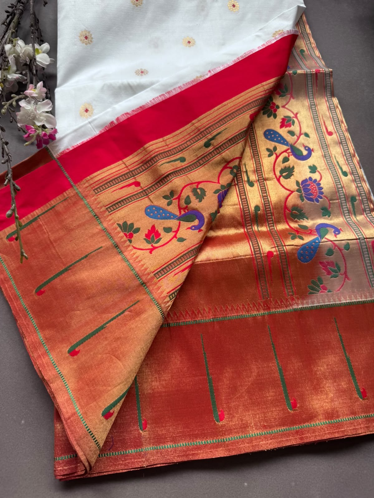 White Small Butta Pure Paithani Silk Saree 108