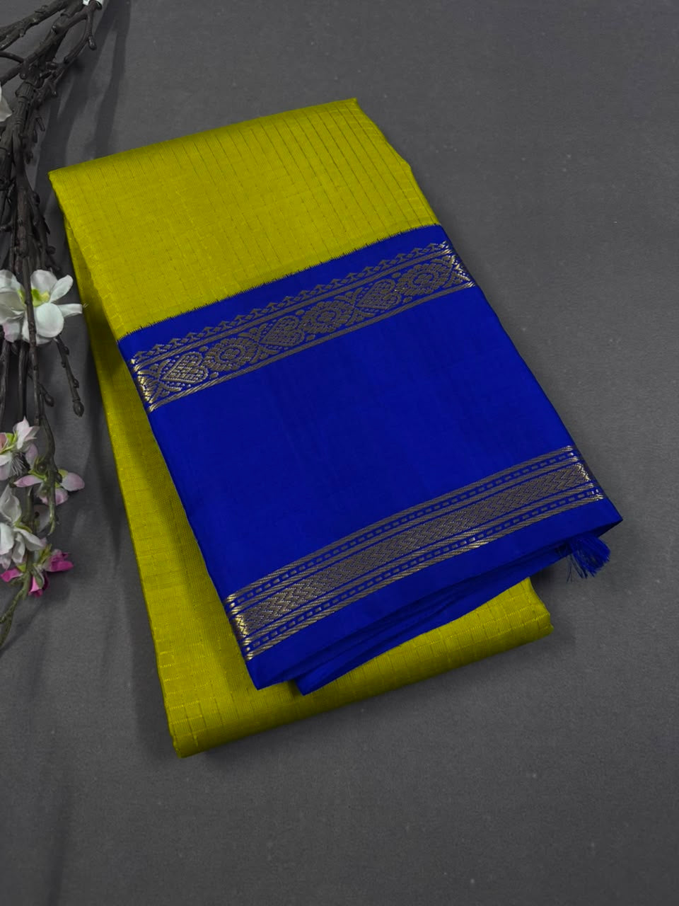 Mustard Yellow Checks Pure Kanchi Silk Saree 107