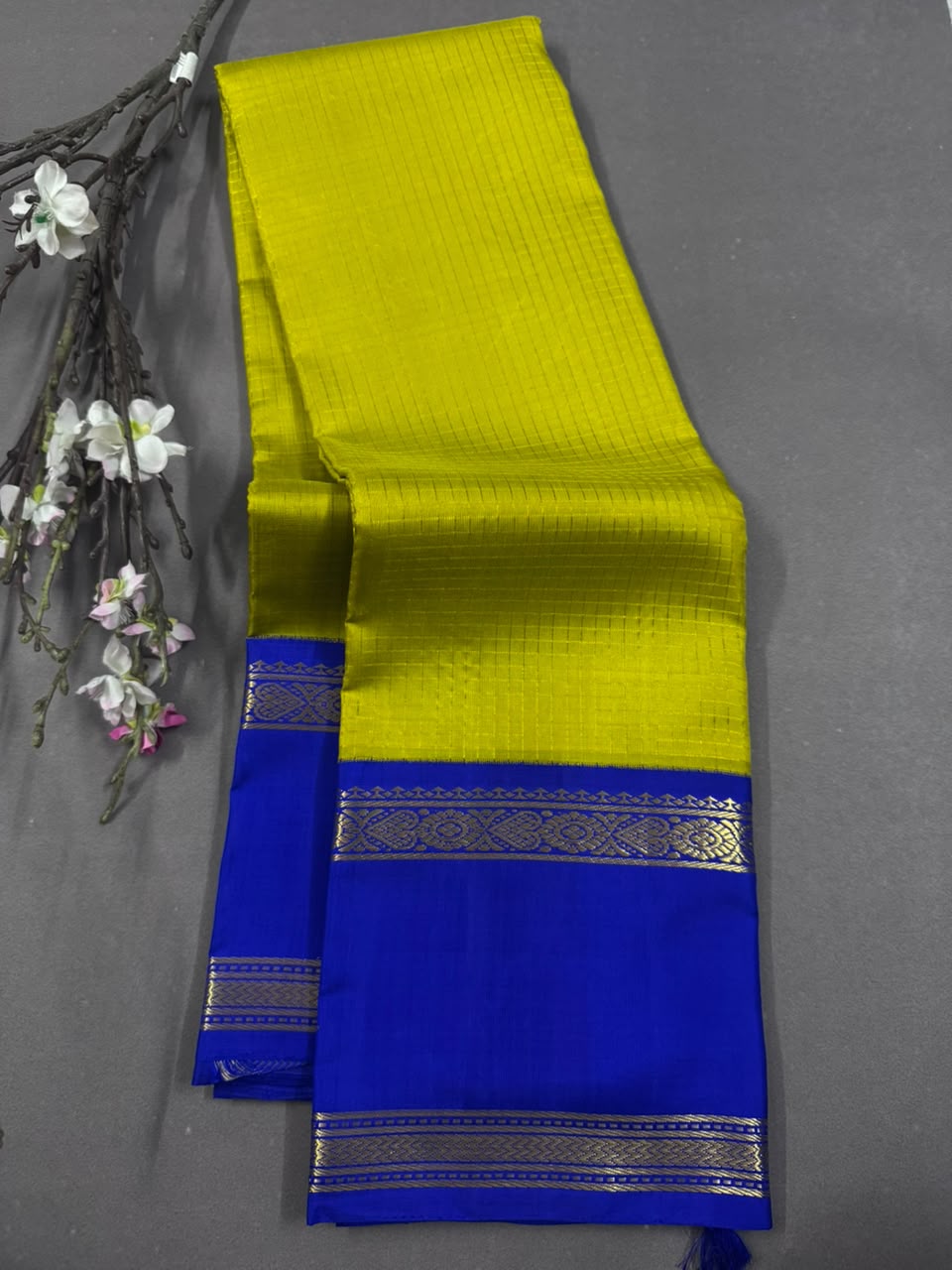 Mustard Yellow Checks Pure Kanchi Silk Saree 107