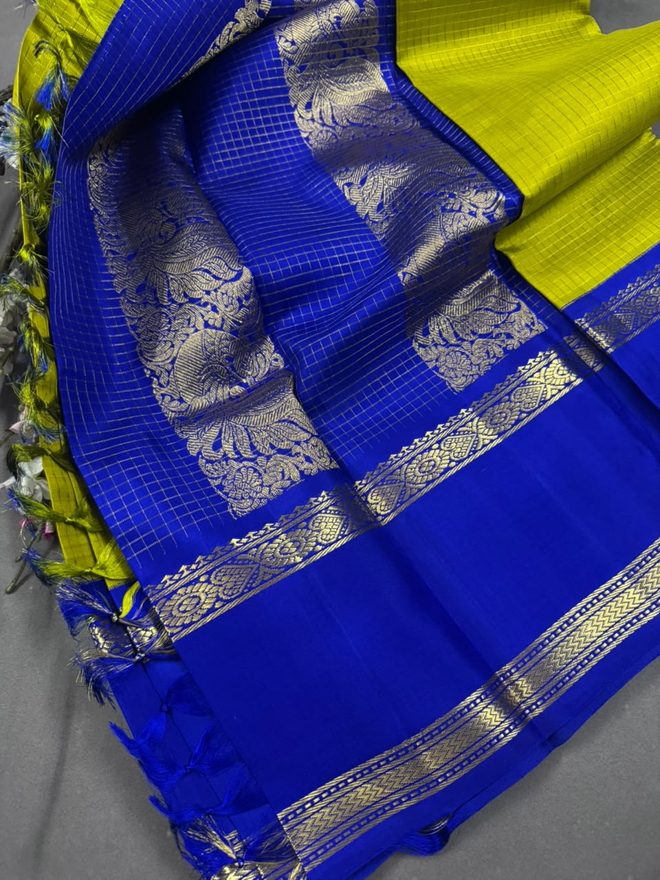 Mustard Yellow Checks Pure Kanchi Silk Saree 107