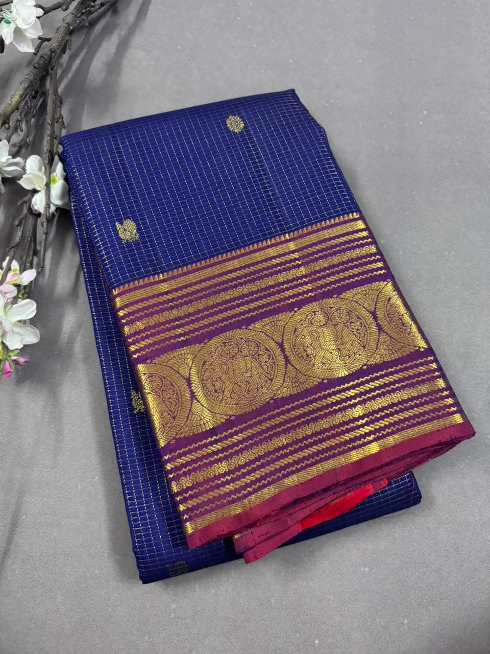 Navy Blue Checks Pure Kanchi Silk Saree 107