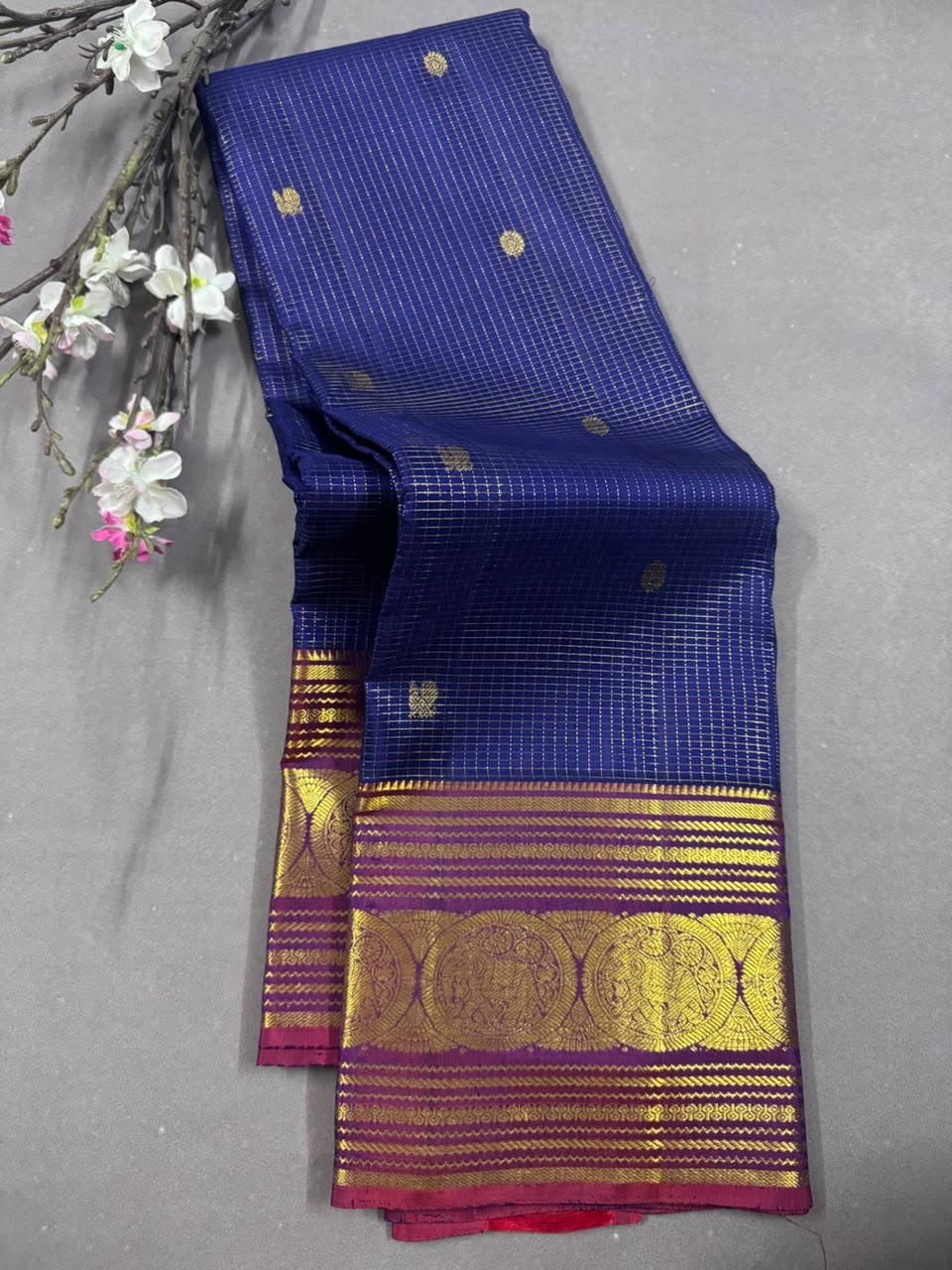 Navy Blue Checks Pure Kanchi Silk Saree 107