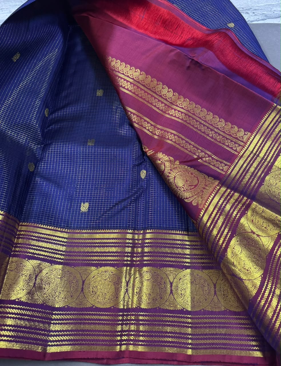 Navy Blue Checks Pure Kanchi Silk Saree 107