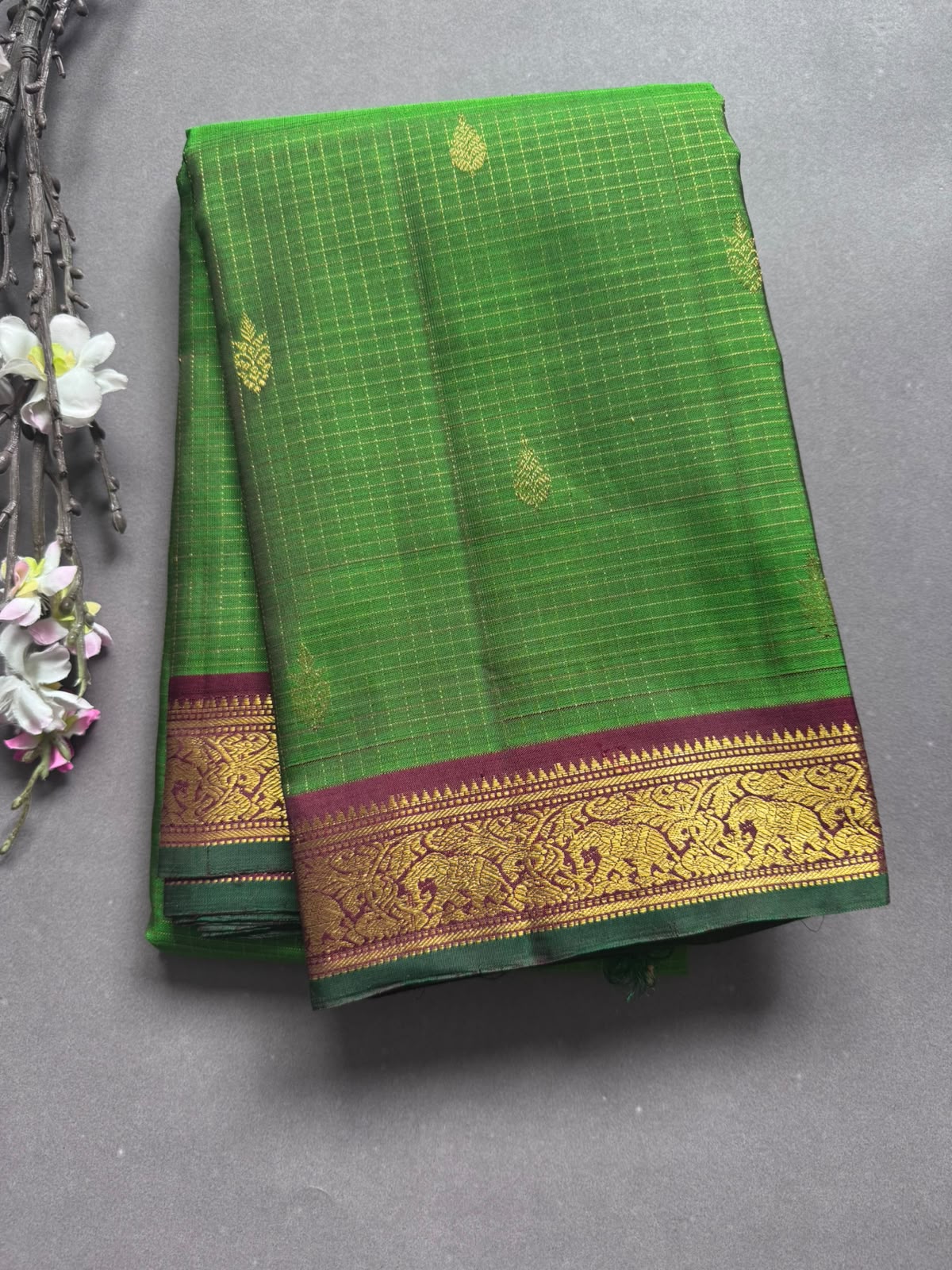 Green Checks Pure Kanchi Silk Saree 107