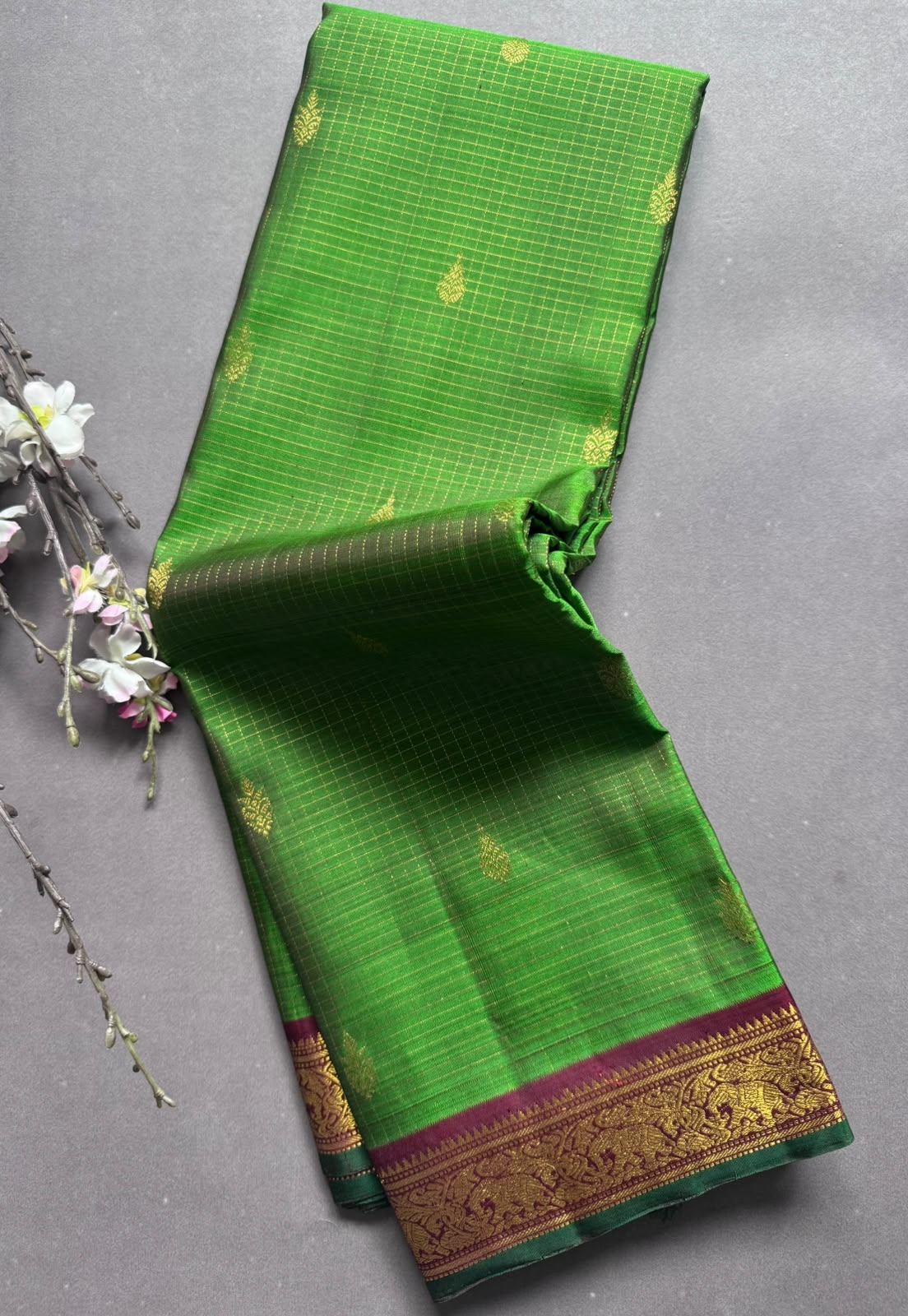Green Checks Pure Kanchi Silk Saree 107