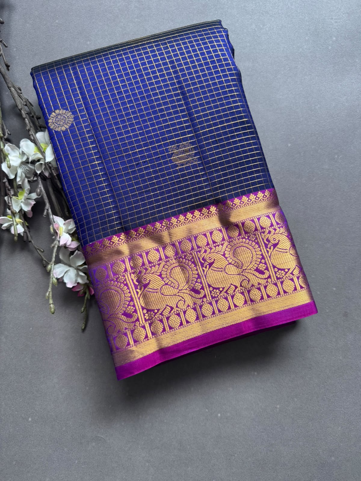 Blue Checks Pure Kanchi Silk Saree 107