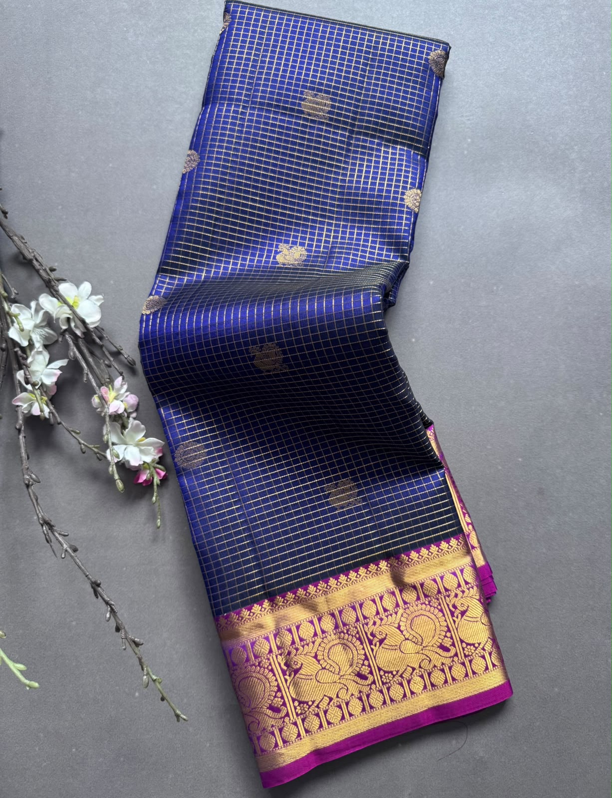 Blue Checks Pure Kanchi Silk Saree 107