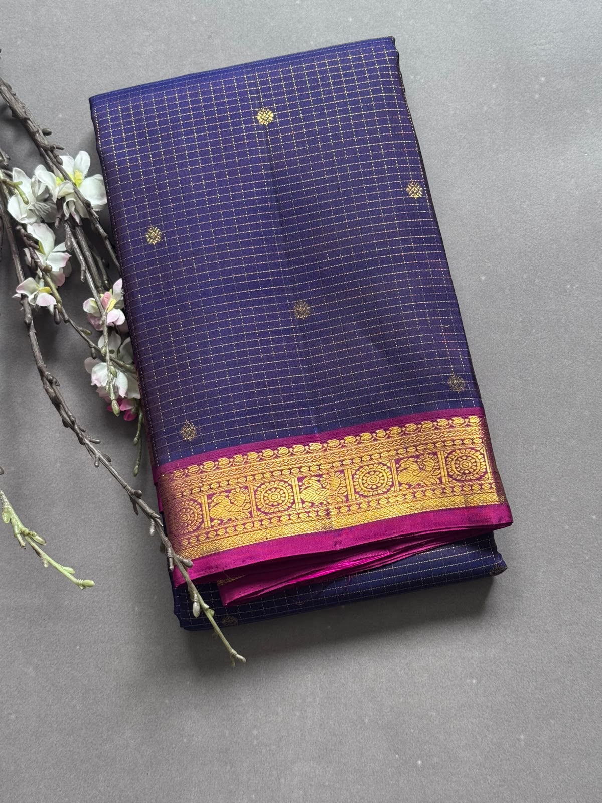 Navy Blue Checks Pure Kanchi Silk Saree 107