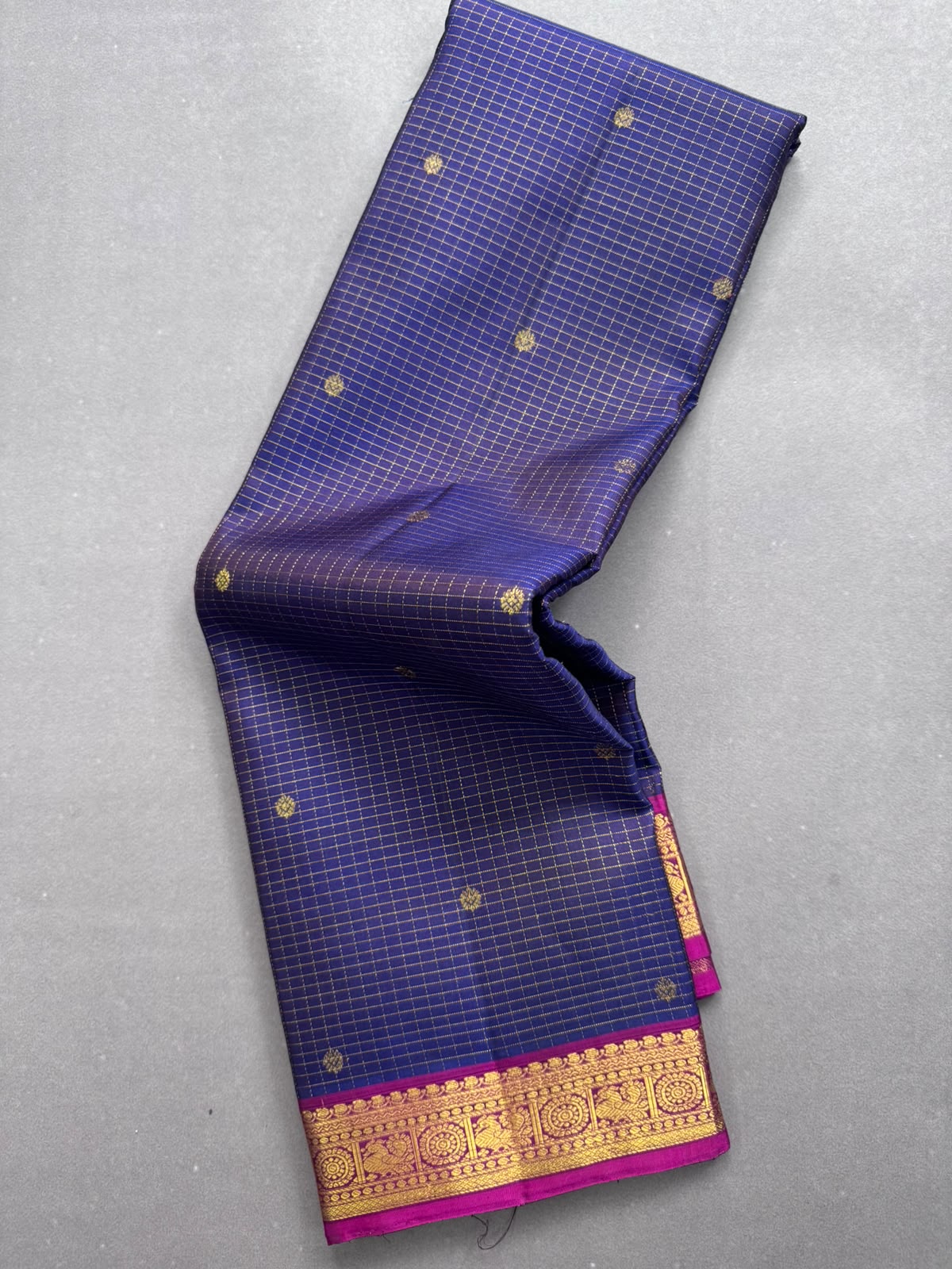 Navy Blue Checks Pure Kanchi Silk Saree 107