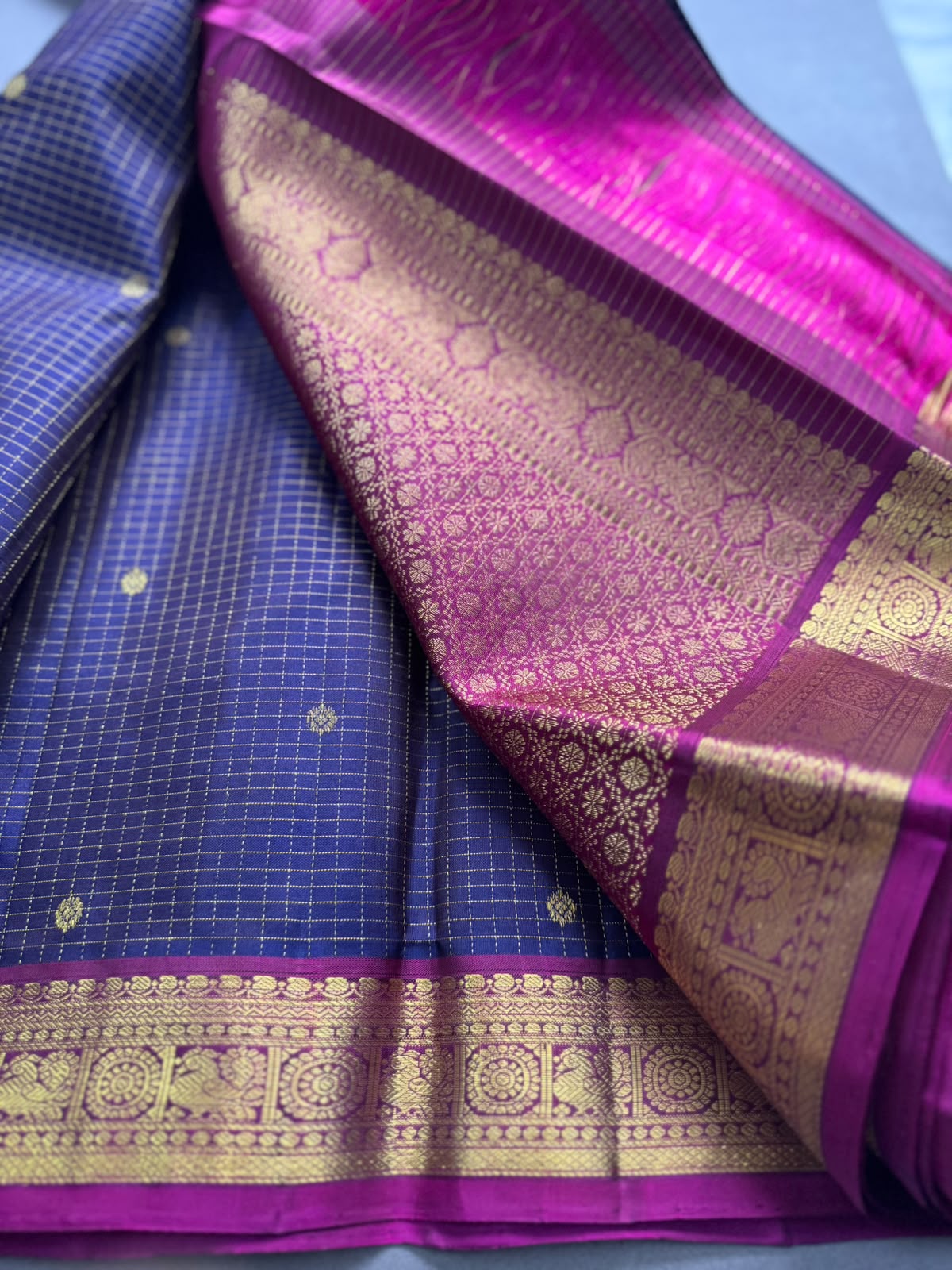 Navy Blue Checks Pure Kanchi Silk Saree 107