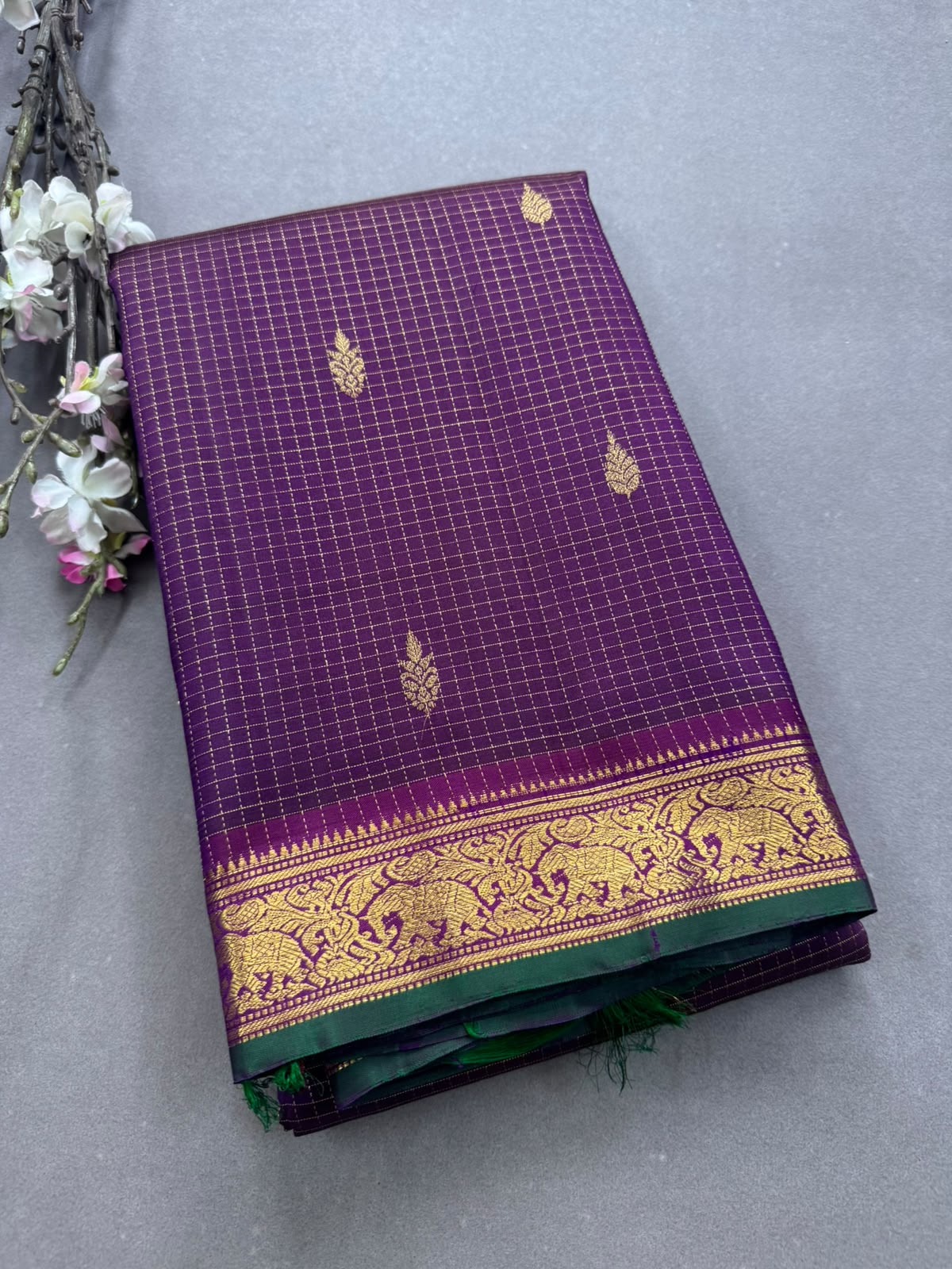 Purple Checks Pure Kanchi Silk Saree 107