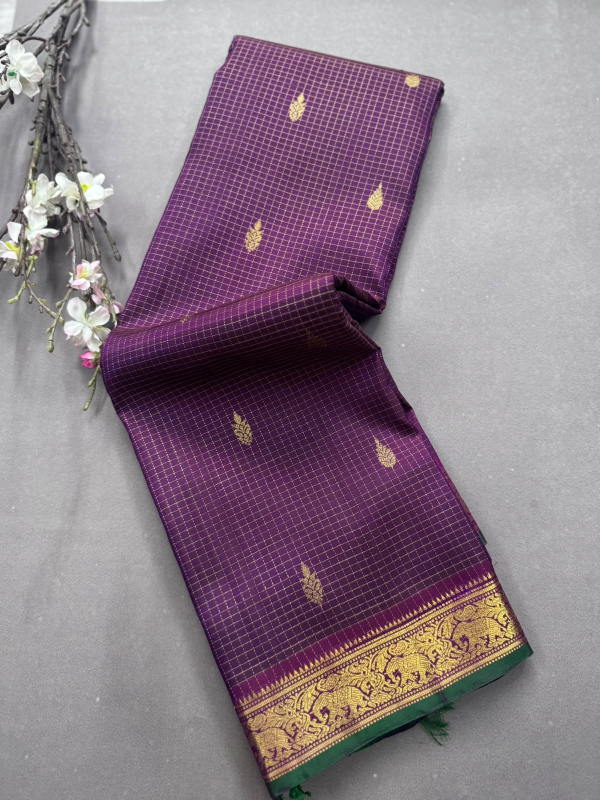 Purple Checks Pure Kanchi Silk Saree 107