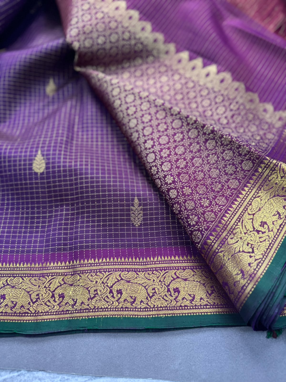 Purple Checks Pure Kanchi Silk Saree 107