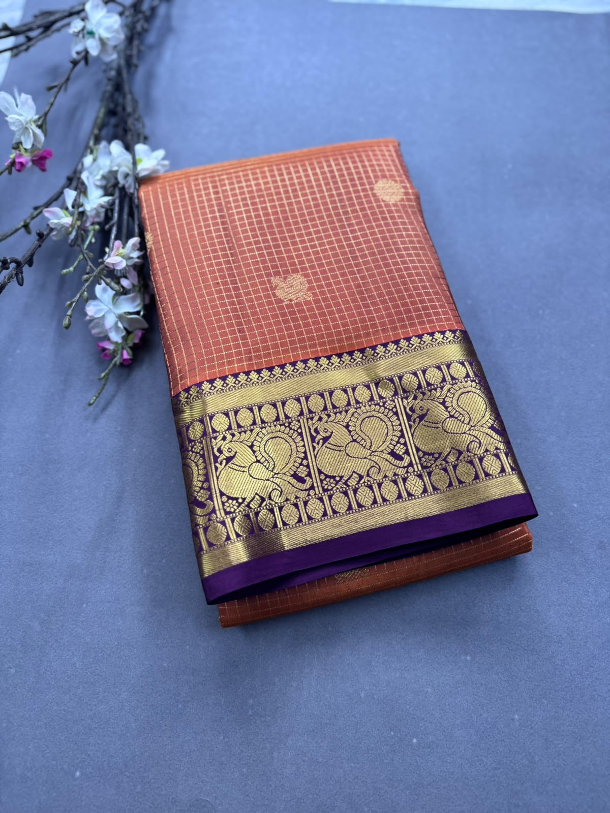 Orange Checks Pure Kanchi Silk Saree 107