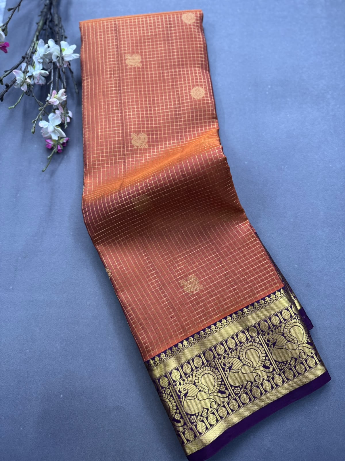 Orange Checks Pure Kanchi Silk Saree 107