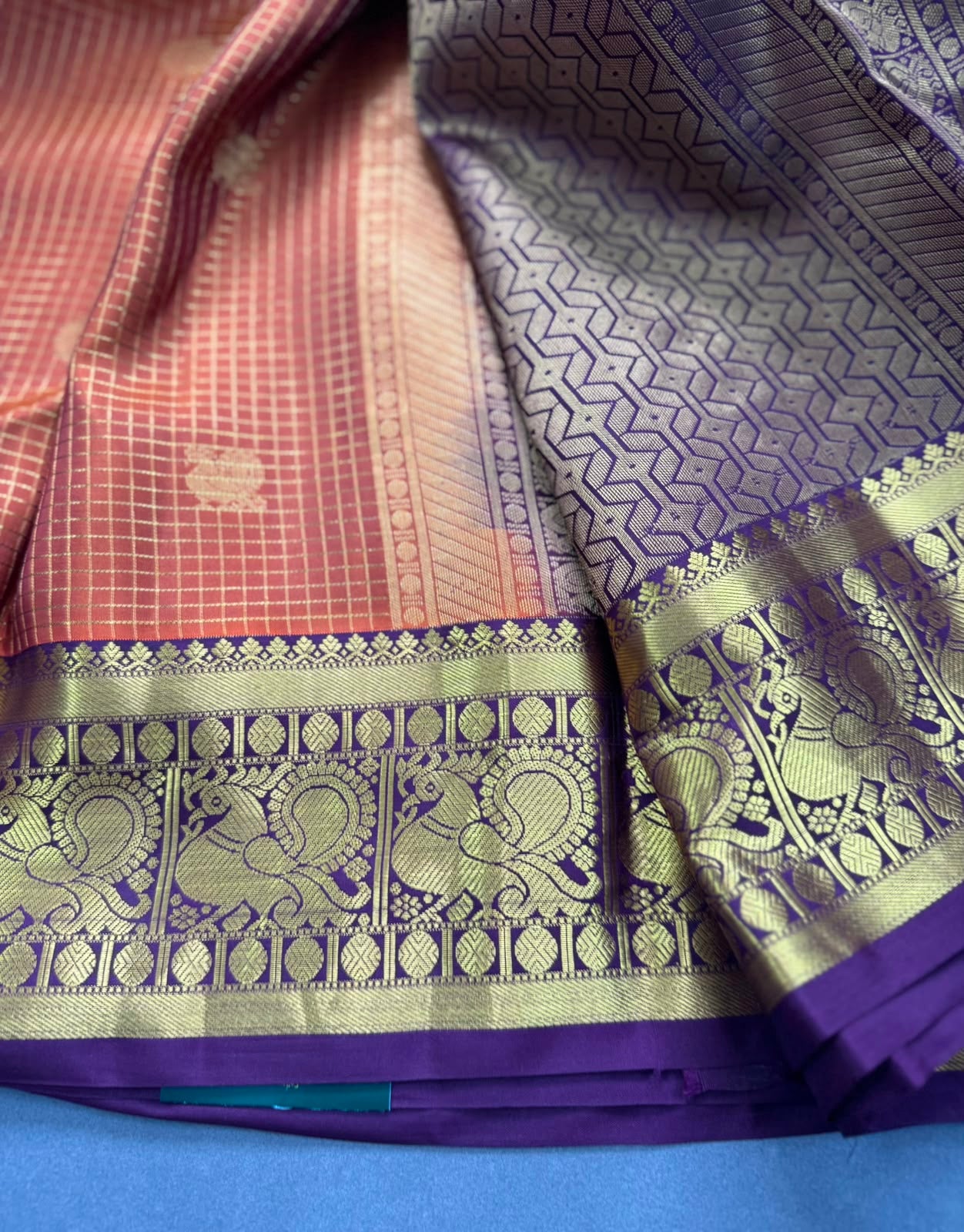 Orange Checks Pure Kanchi Silk Saree 107