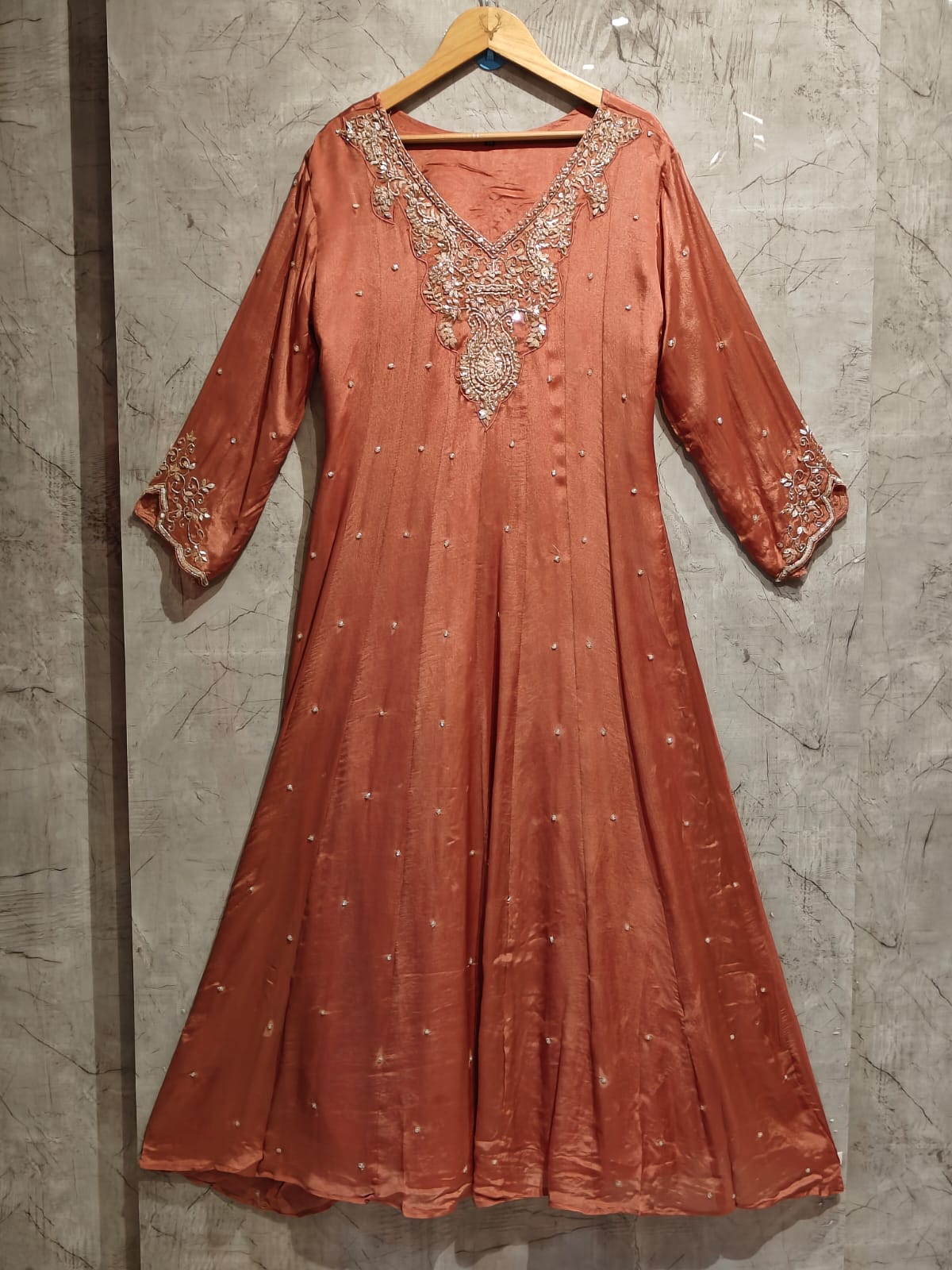 Peach  Anarkali Chinnon Handwork Partyware Kurtha 366
