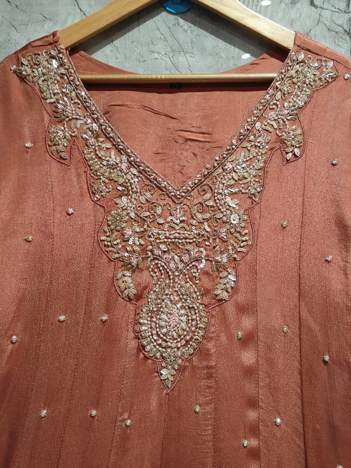 Peach  Anarkali Chinnon Handwork Partyware Kurtha 366