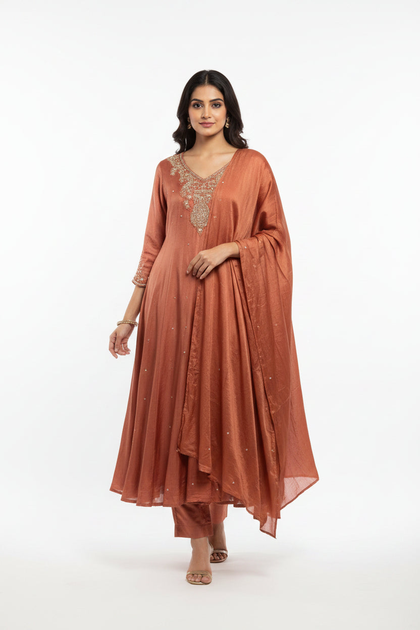 Peach  Anarkali Chinnon Handwork Partyware Kurtha 366