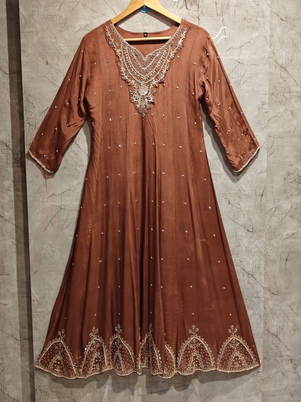 Brown  Anarkali Chinnon Handwork Partyware Kurtha 789