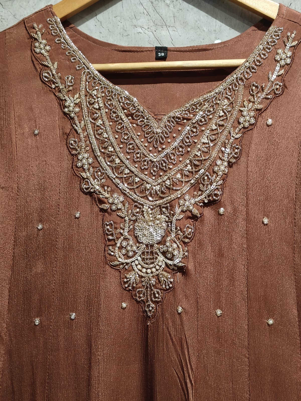 Brown  Anarkali Chinnon Handwork Partyware Kurtha 789