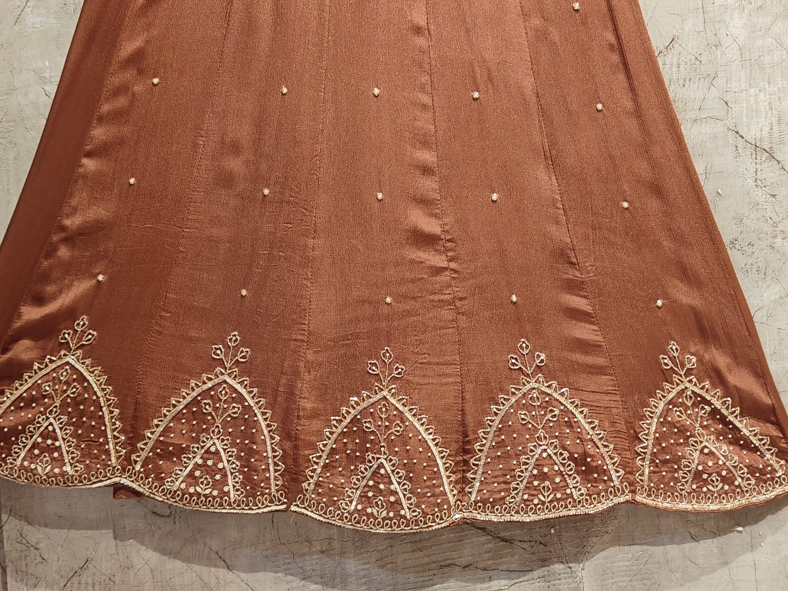 Brown  Anarkali Chinnon Handwork Partyware Kurtha 789