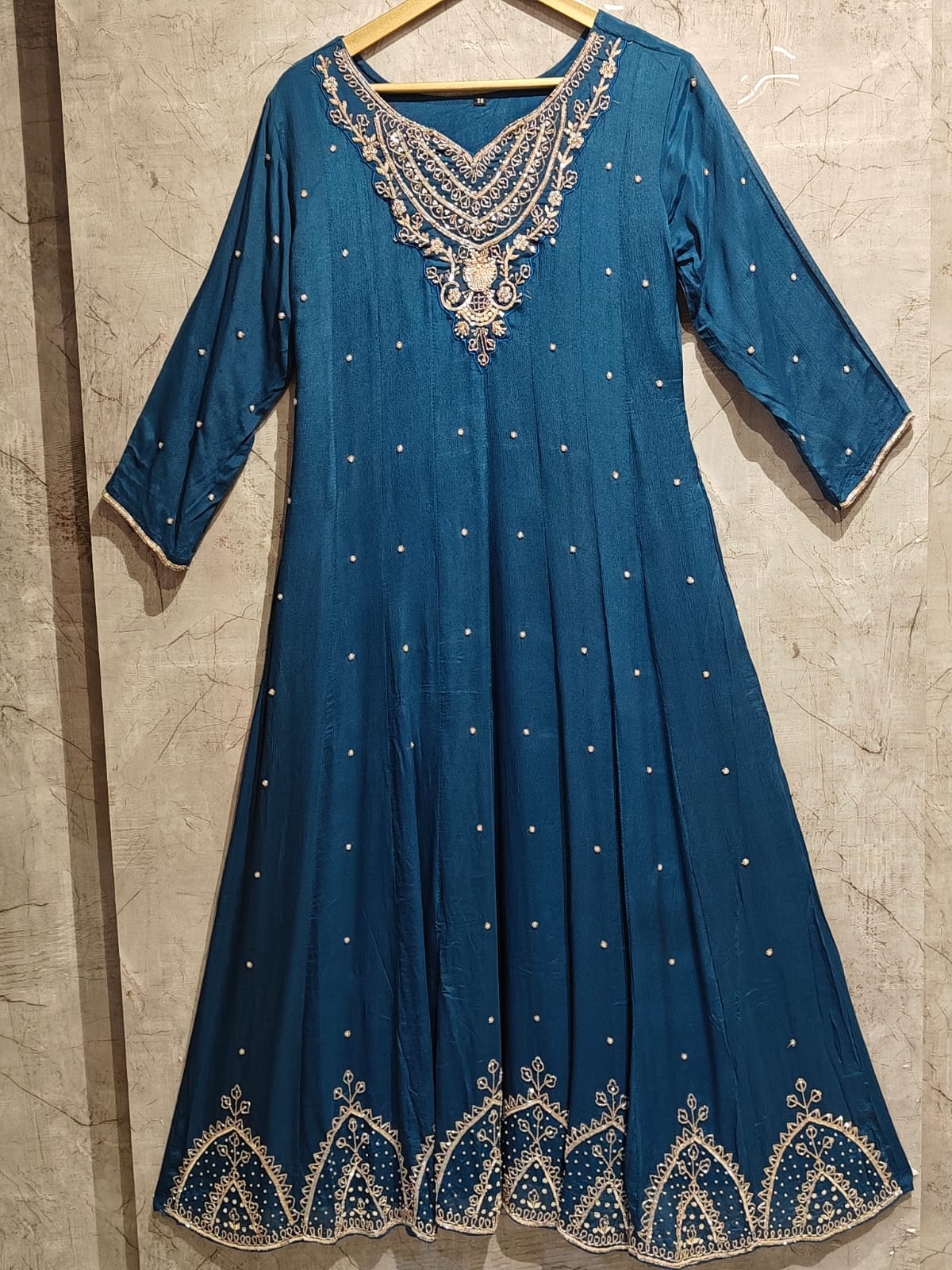 Steal Blue Anarkali Chinnon Handwork Partyware Kurtha 789