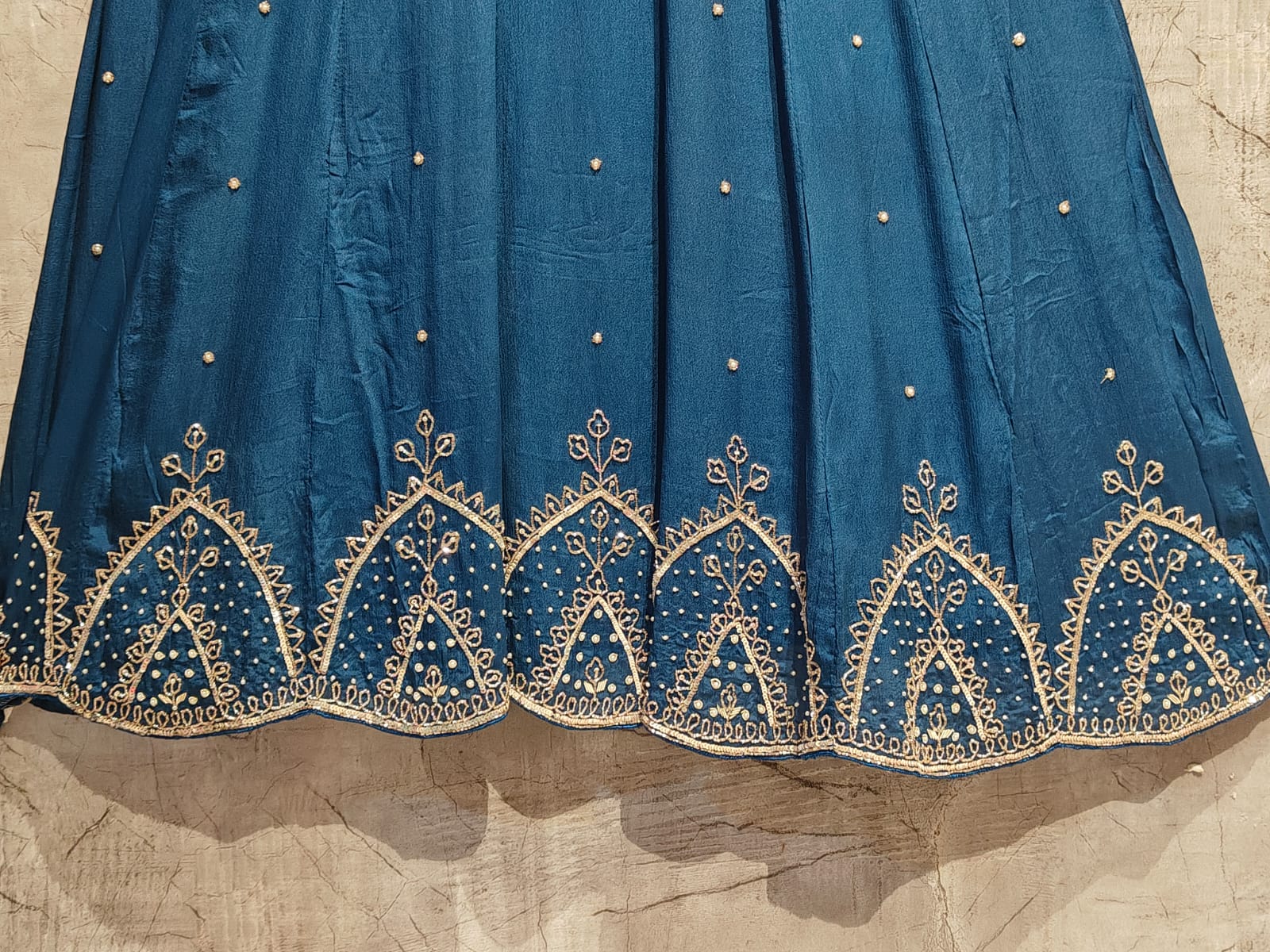 Steal Blue Anarkali Chinnon Handwork Partyware Kurtha 789