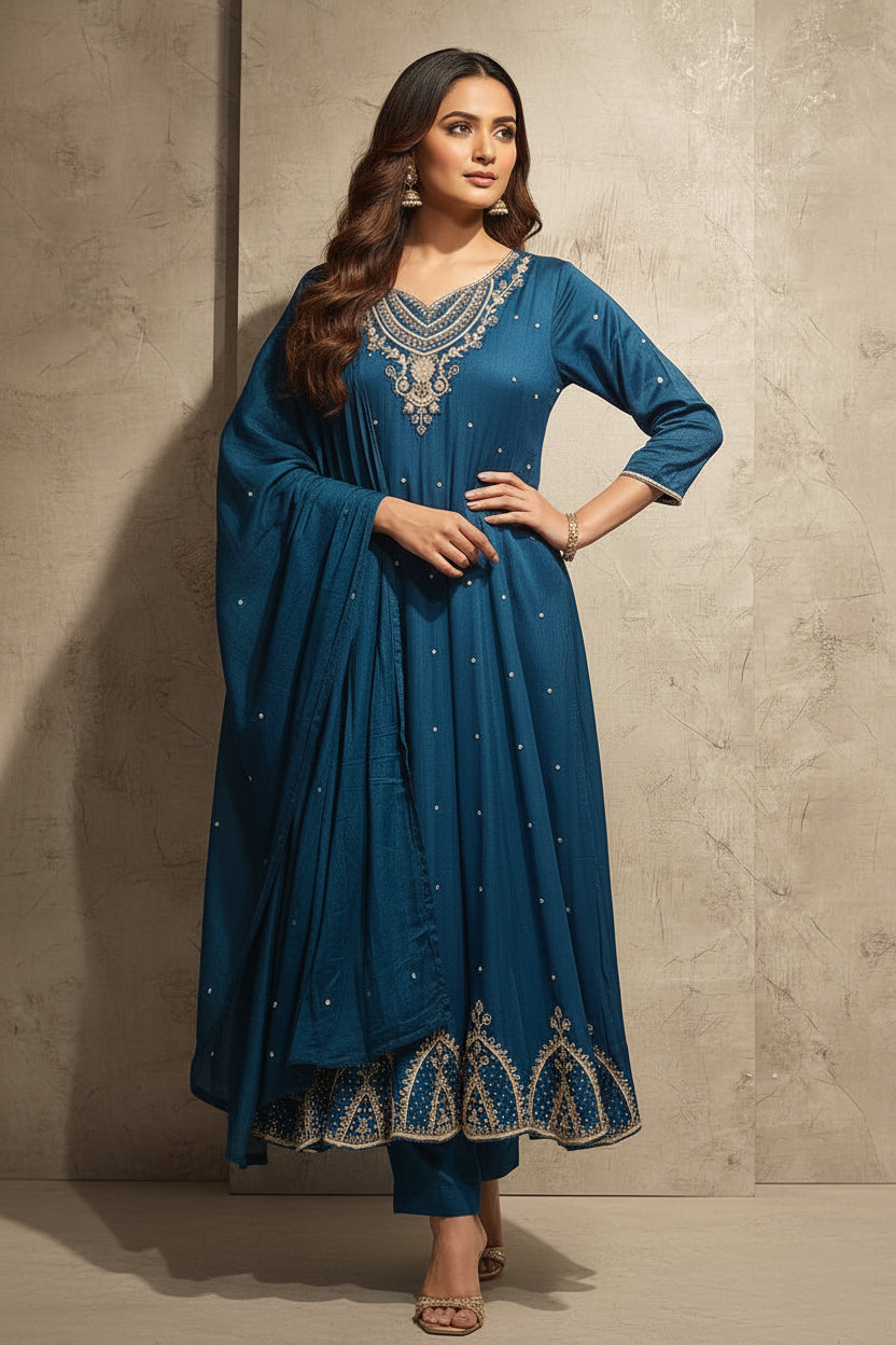 Steal Blue Anarkali Chinnon Handwork Partyware Kurtha 789