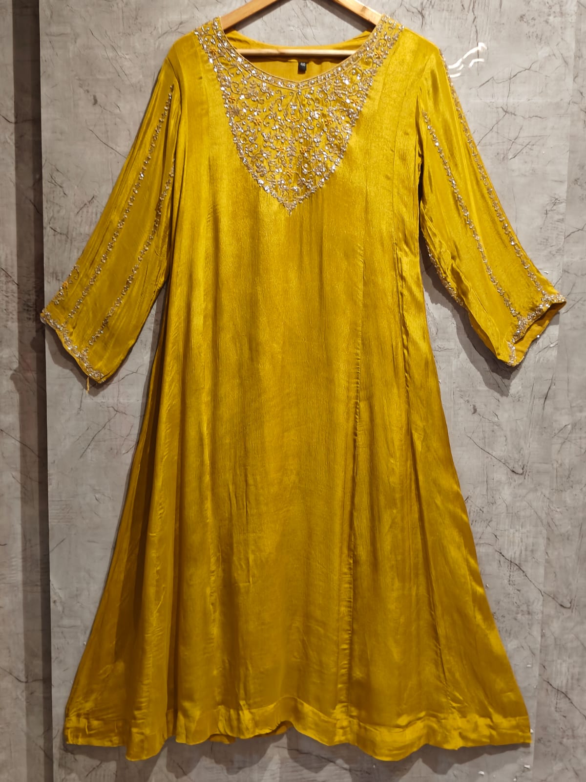 Yellow Anarkali Chinnon Handwork Partyware Kurtha 366