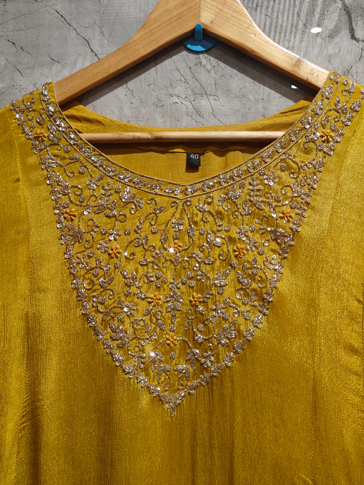 Yellow Anarkali Chinnon Handwork Partyware Kurtha 366