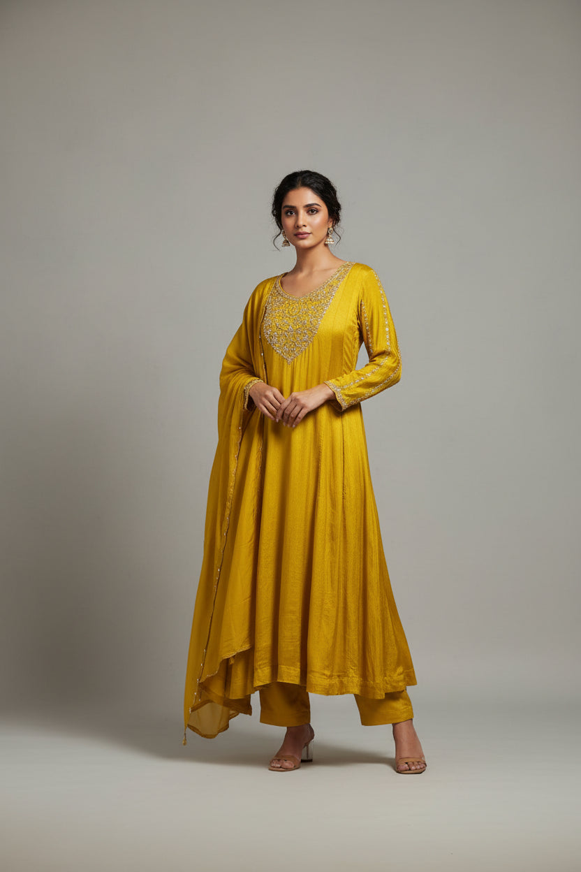Yellow Anarkali Chinnon Handwork Partyware Kurtha 366