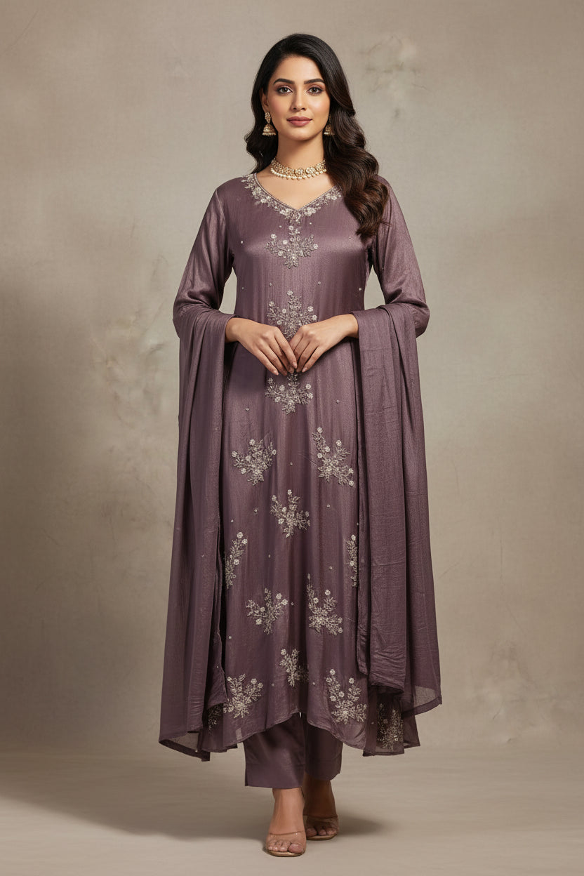 Light Purple Chinnon Hand Embroidery Airline Kurtha 421