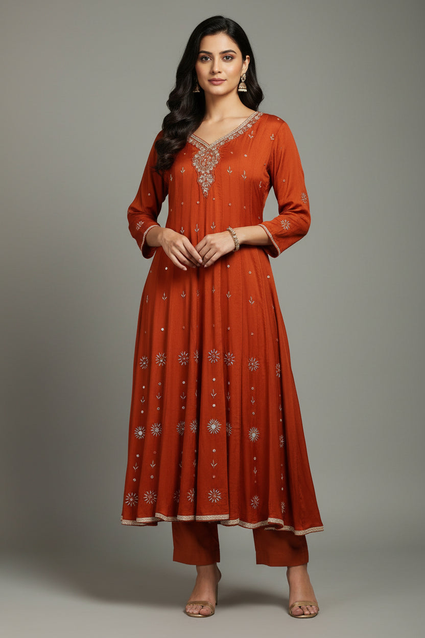 Orange Anarkali Chinnon Handwork Partyware Kurtha 225