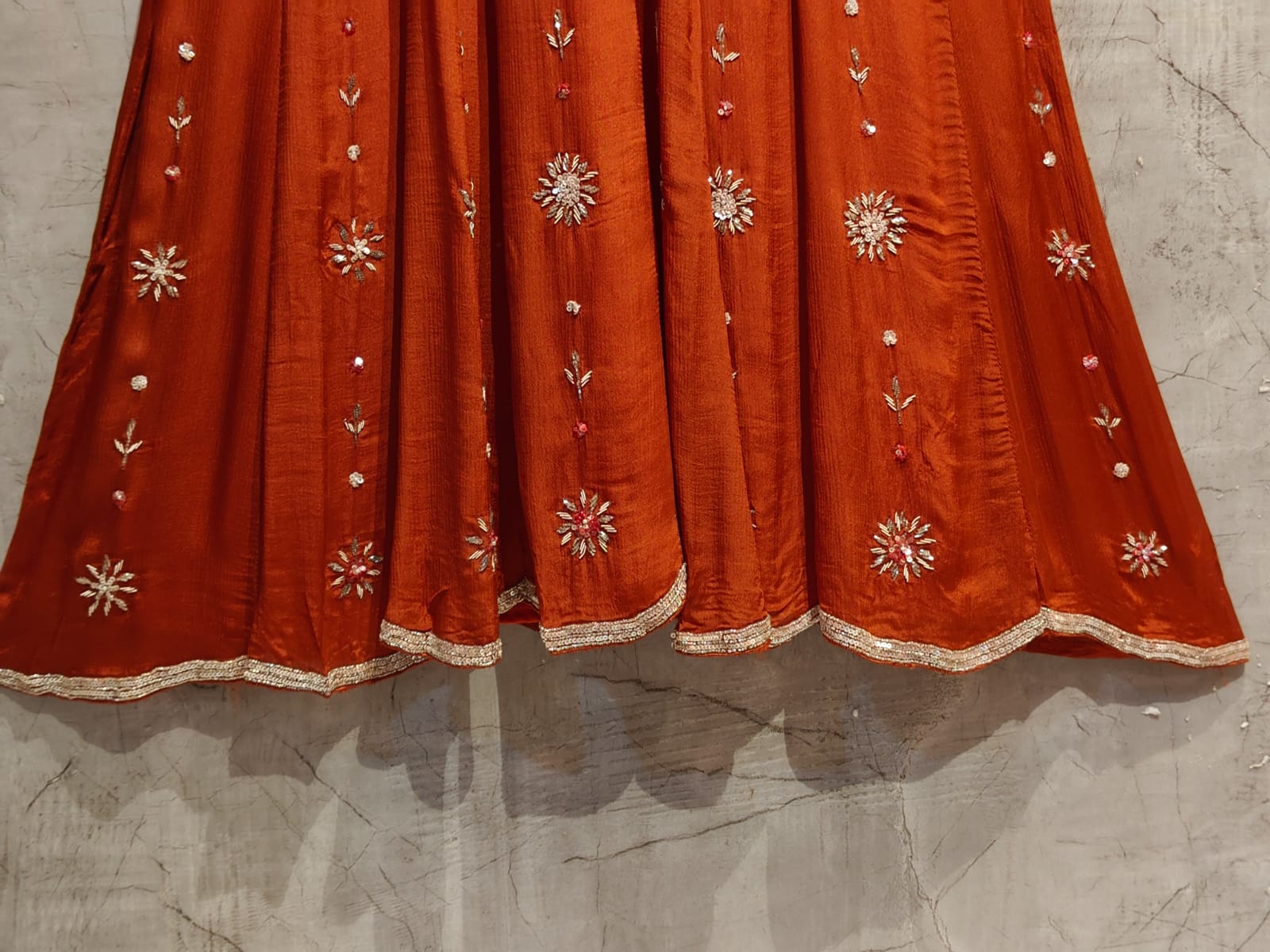 Orange Anarkali Chinnon Handwork Partyware Kurtha 225
