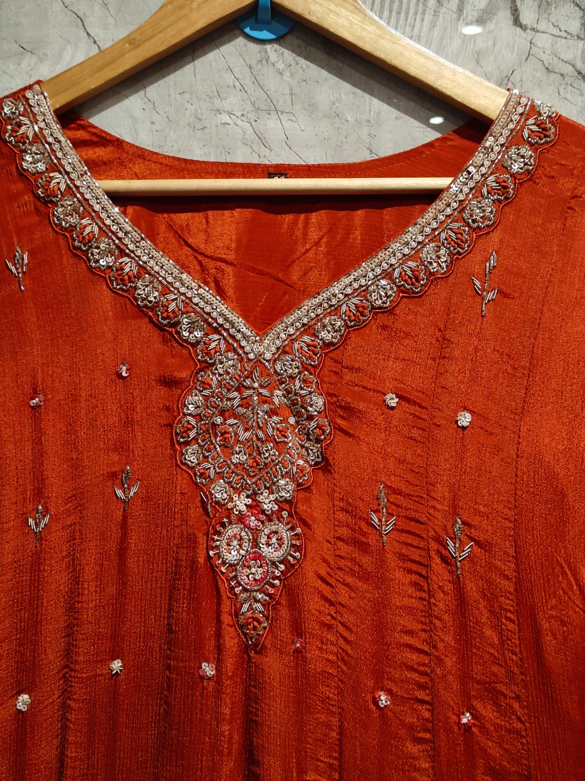 Orange Anarkali Chinnon Handwork Partyware Kurtha 225