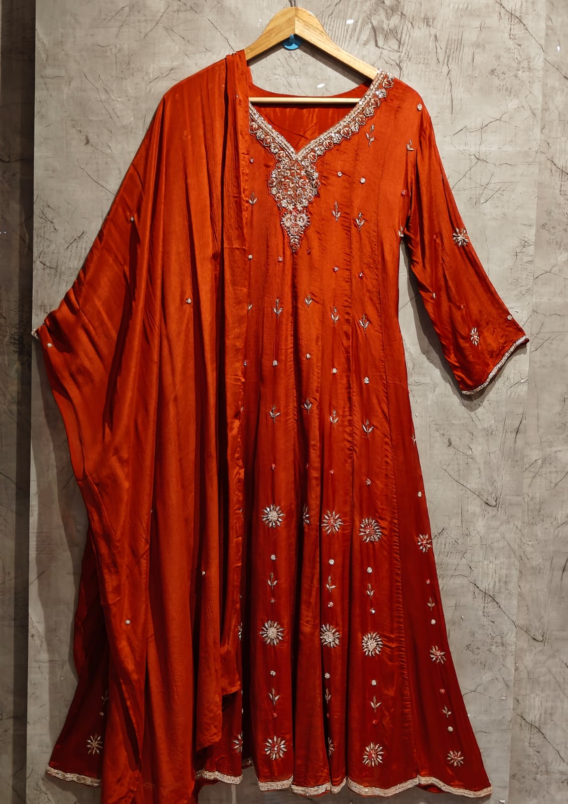 Orange Anarkali Chinnon Handwork Partyware Kurtha 225