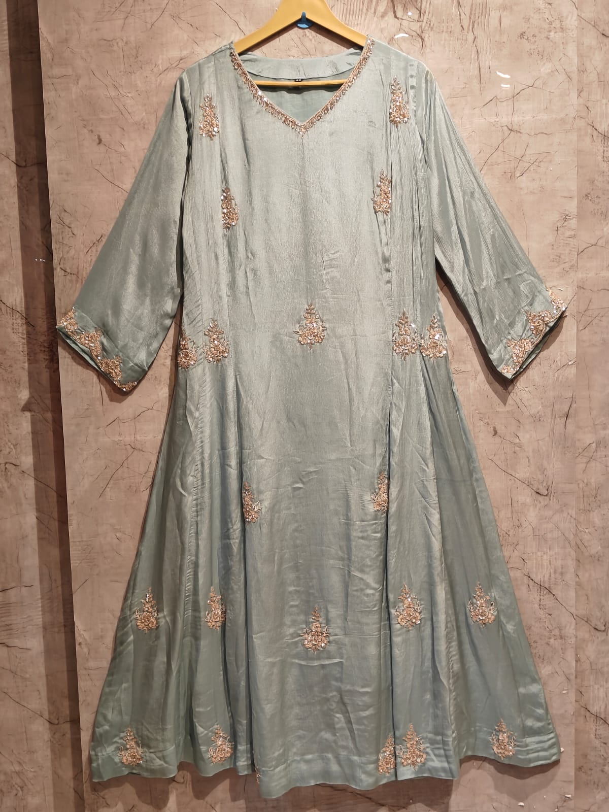 Light Blue Chinnon Hand Embroidery Airline Kurtha 922