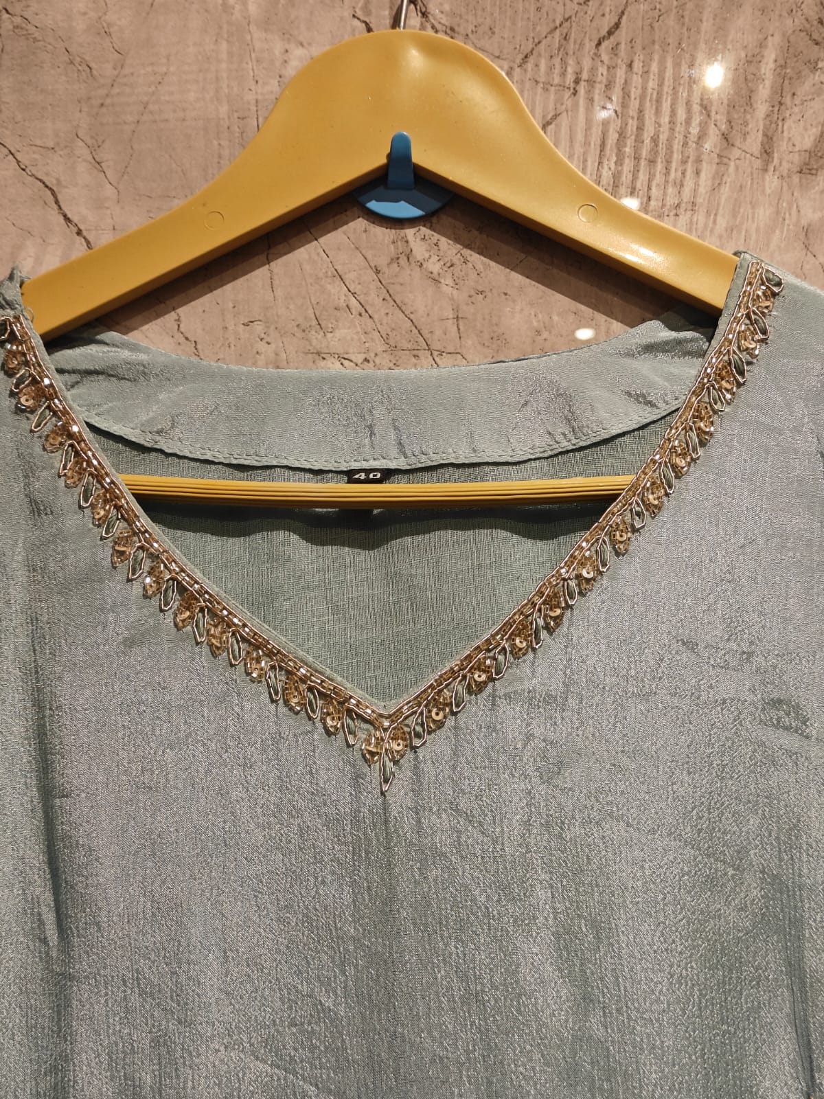Light Blue Chinnon Hand Embroidery Airline Kurtha 922