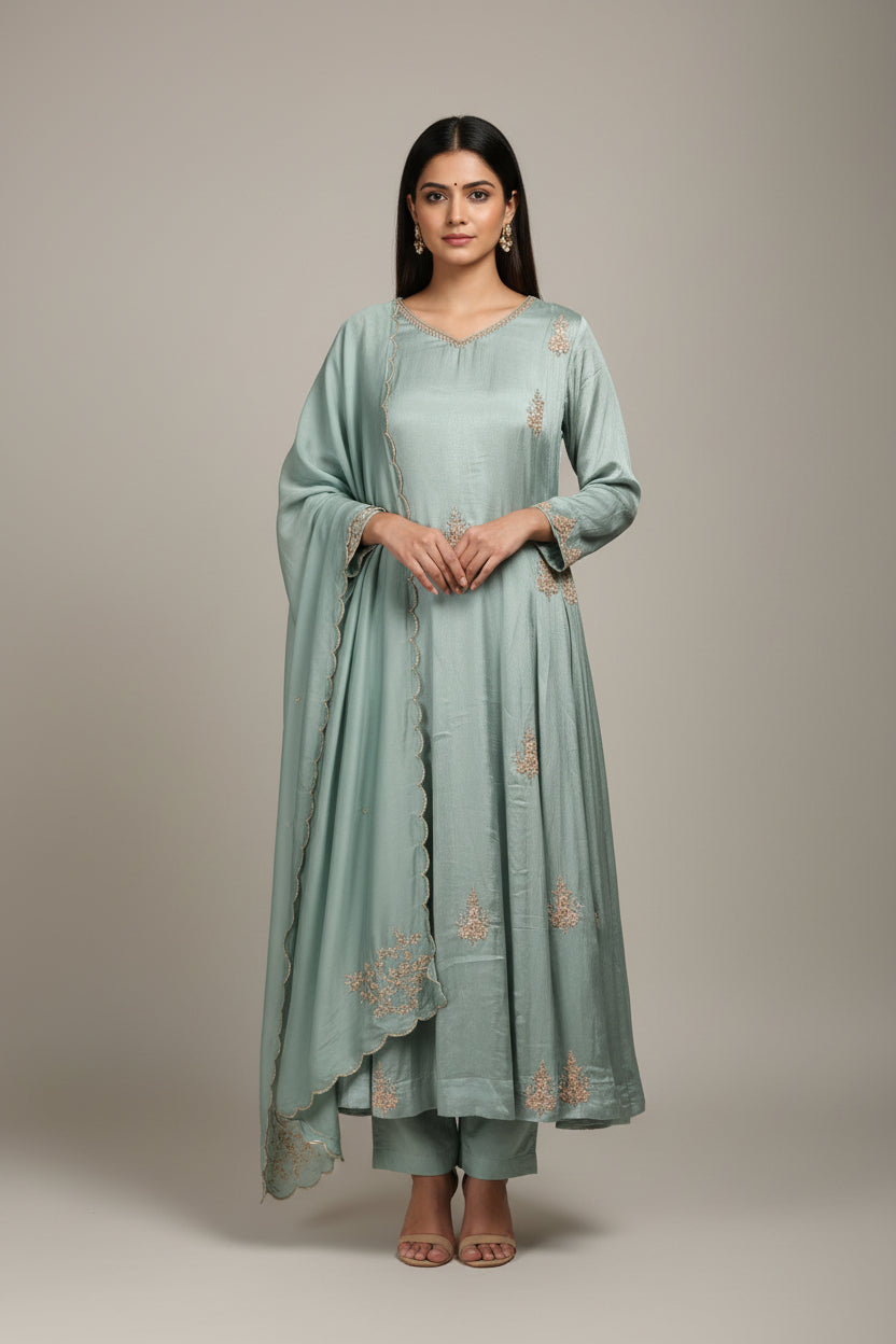 Light Blue Chinnon Hand Embroidery Airline Kurtha 922