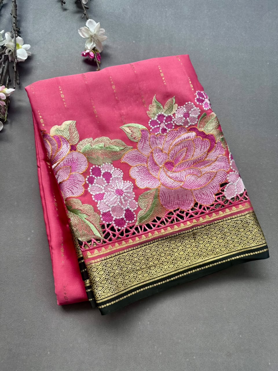 Rose Pink Cutwork Embroidery Pure Mysore Crepe Silk Saree 108