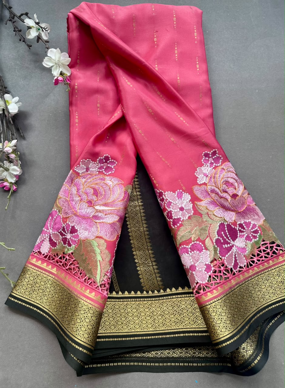 Rose Pink Cutwork Embroidery Pure Mysore Crepe Silk Saree 108