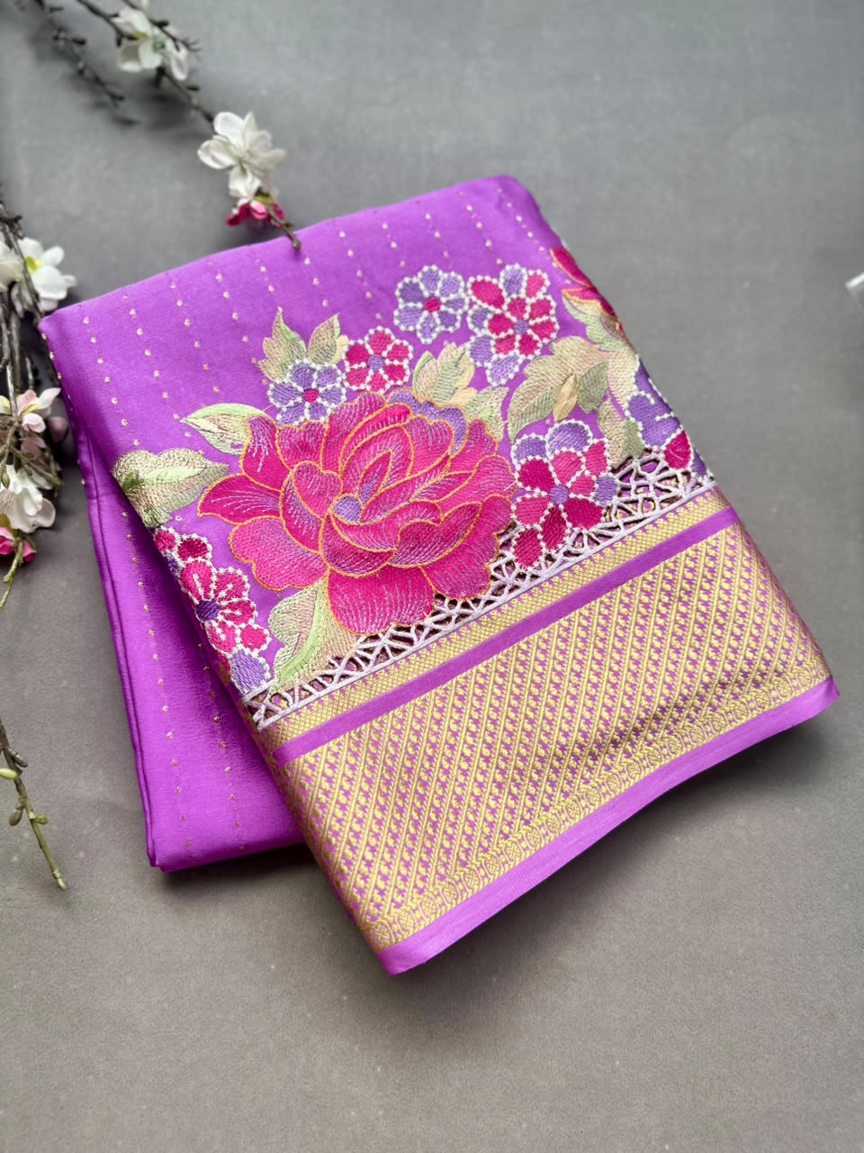 Lilac Cutwork Embroidery Pure Mysore Crepe Silk Saree 108