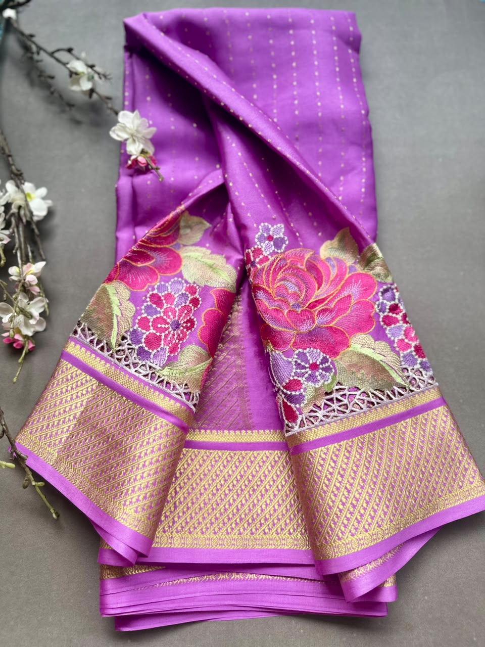 Lilac Cutwork Embroidery Pure Mysore Crepe Silk Saree 108