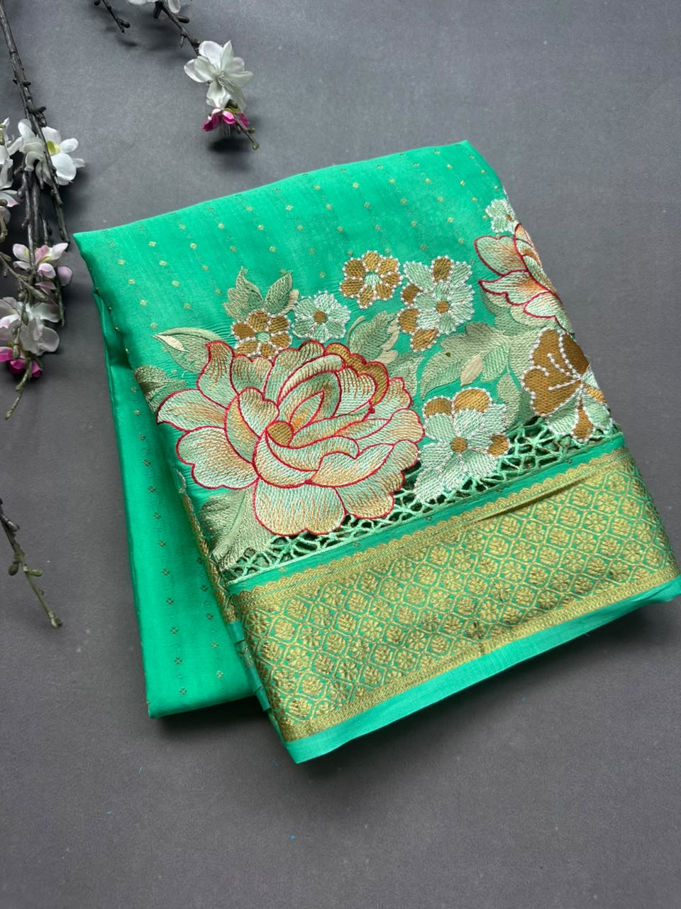 Sea Green Cutwork Embroidery Pure Mysore Crepe Silk Saree 108