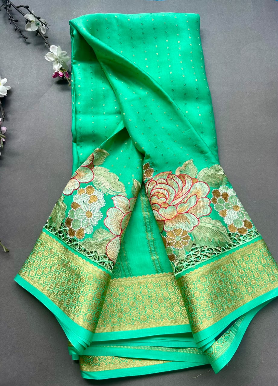 Sea Green Cutwork Embroidery Pure Mysore Crepe Silk Saree 108